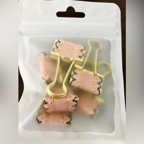 Fold Down Binder Paper Clips Wrapped in Pink Lace Ribbon Set of 6 - Picture 6 of 6
